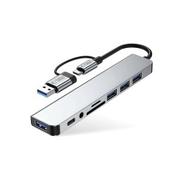 HUB rozdzielacz wielofunkcyjny 8w1 USB-C USB-A SD/TF AV3.5 - szary