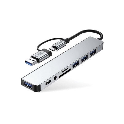 HUB rozdzielacz wielofunkcyjny 8w1 USB-C USB-A SD/TF AV3.5 - szary