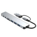 HUB rozdzielacz wielofunkcyjny 8w1 USB-C USB-A SD/TF AV3.5 - szary