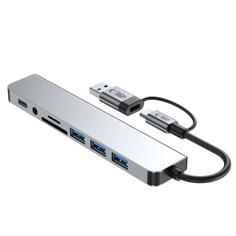 HUB rozdzielacz wielofunkcyjny 8w1 USB-C USB-A SD/TF AV3.5 - szary