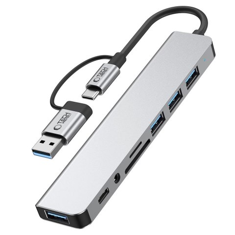 HUB rozdzielacz wielofunkcyjny 8w1 USB-C USB-A SD/TF AV3.5 - szary