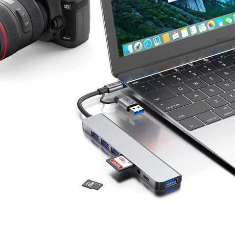 HUB rozdzielacz wielofunkcyjny 8w1 USB-C USB-A SD/TF AV3.5 - szary