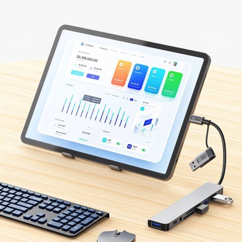 HUB rozdzielacz wielofunkcyjny 8w1 USB-C USB-A SD/TF AV3.5 - szary