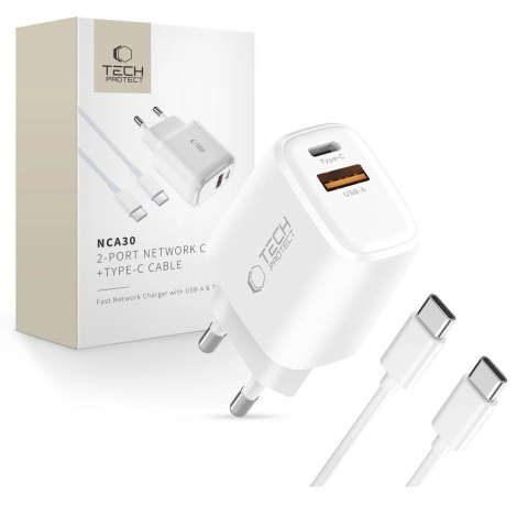 Ładowarka sieciowa NCA30 USB-A USB-C PD QC 30W z kablem USB-C 1m - biała