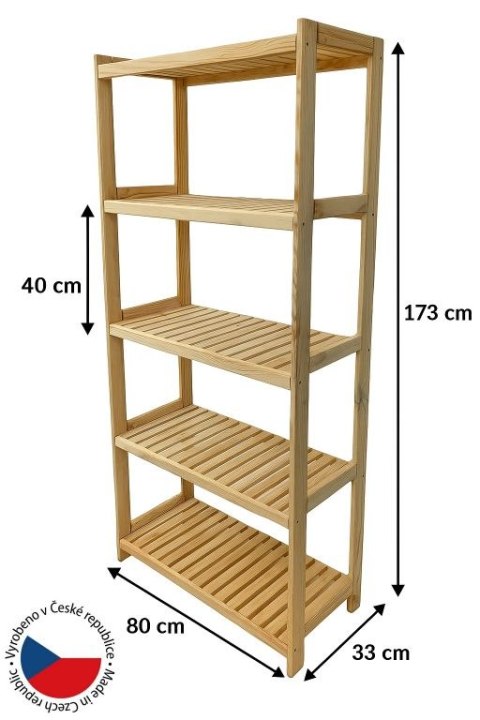 Drewniany regał sosnowy, 5 półek, 173x80x33 cm, produkcja cz