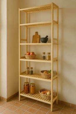 Regał drewniany z litej sosny, 6 półek, 213×80×33 cm