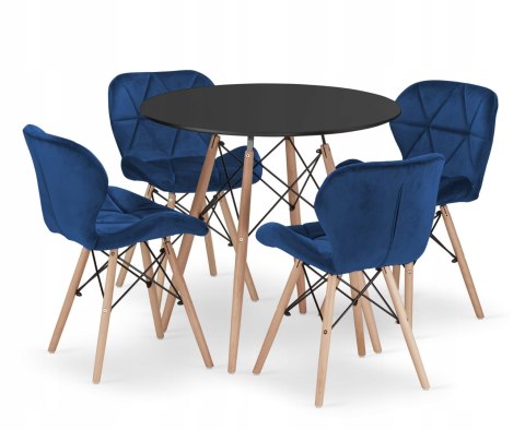 Zestaw stół okrągły TODI 80 czarny + 4 krzesła LAGO granatowe