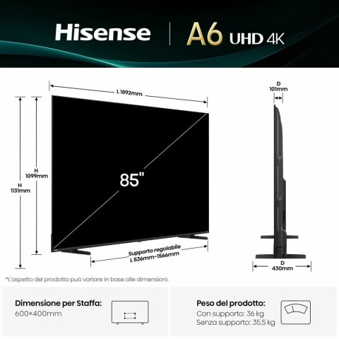 Smart TV Hisense 85A6Q 85" 4K Ultra HD LED HDR D-LED