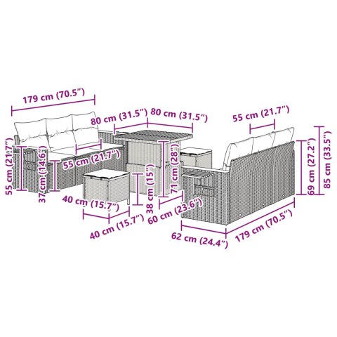 Zestaw Sof na Ogród z poduszką 11 pcs Czarny polirattan