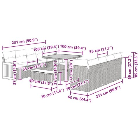 Zestaw Sof na Ogród z poduszką 12 pcs Czarny polirattan