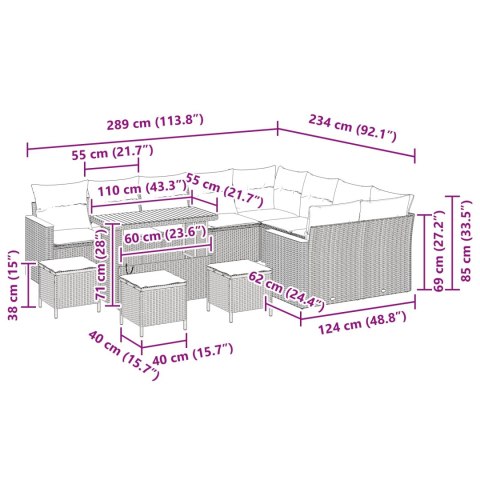 Zestaw Sof na Ogród z poduszką 13 pcs Czarny Rattan poli