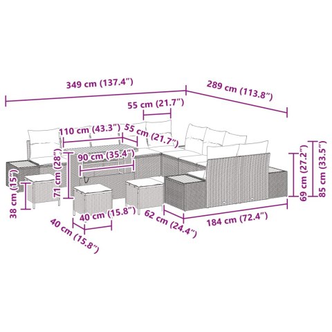 Zestaw Sof na Ogród z poduszką 14 pcs Czarny Polirattan
