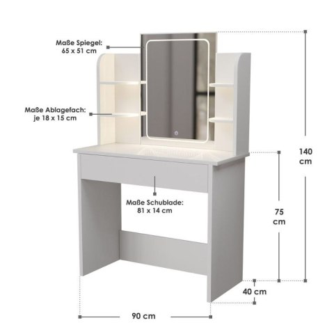 Toaletka Zoey z lustrem LED i 6 półkami, biała, 80x40x140 cm