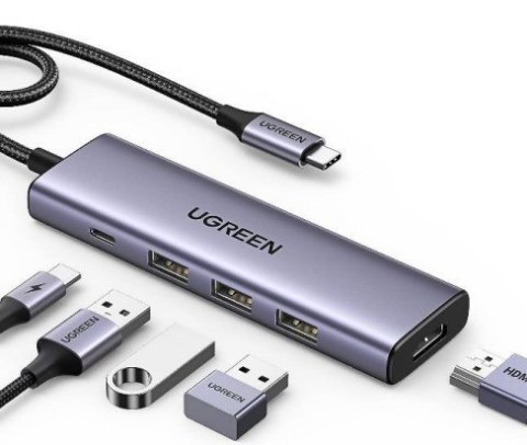 Ugreen Wielofunkcyjny HUB 5w1 USB-C - HDMI 1.4 / 3 x USB-A / USB-C PD 100W CM511 - szary