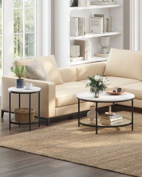 Okrągły stolik boczny biały marmur szkło 45x55 cm nowoczesny