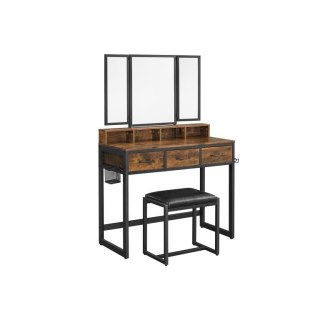 Rustykalna toaletka z lustrem i stołkiem, 3 szuflady, 90 cm