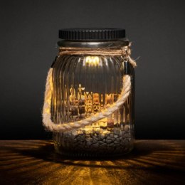 Lampion solarny LED w słoiku, konopny uchwyt, ciepłe światło