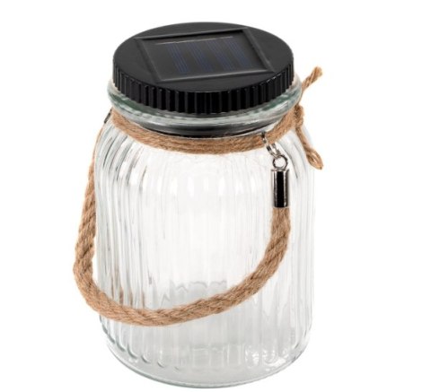 Lampion solarny LED w słoiku, konopny uchwyt, ciepłe światło