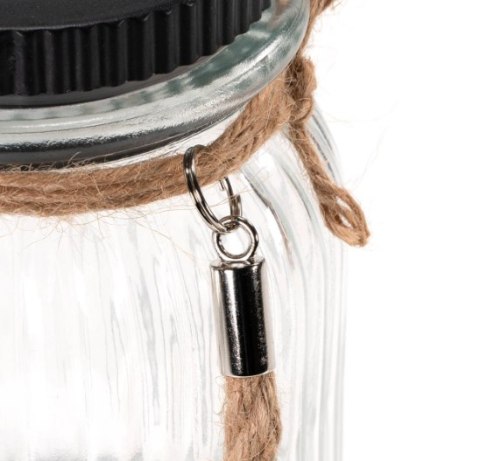 Lampion solarny LED w słoiku, konopny uchwyt, ciepłe światło