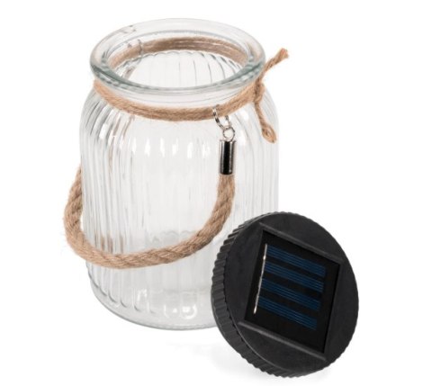 Lampion solarny LED w słoiku, konopny uchwyt, ciepłe światło