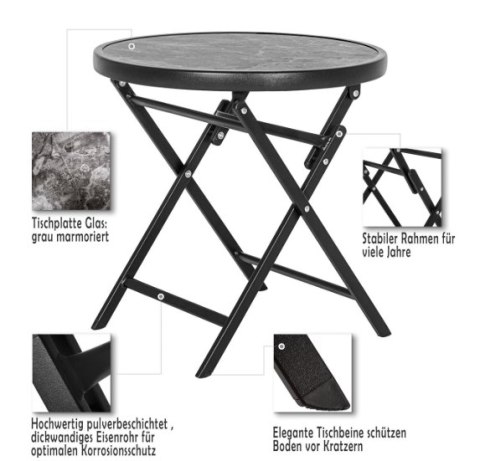 Składany stolik balkonowy ze szkła i stali, 45 cm, czarny