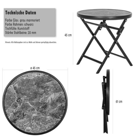 Składany stolik balkonowy ze szkła i stali, 45 cm, czarny