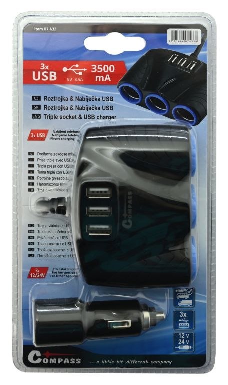 Gniazdo zapalniczki samochodowej 12/24 V z 3x złączem USB