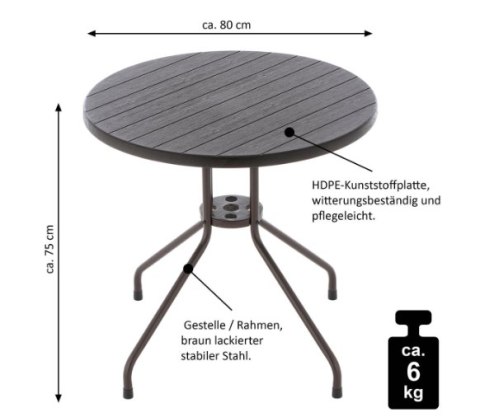 Stół balkonowy okrągły 80 cm, stalowy, brązowy blat