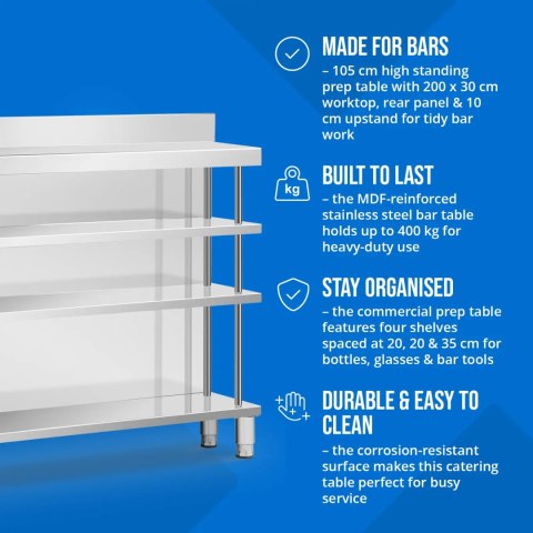 Stół blat barowy roboczy gastronomiczny z rantem 4 półki STAL 200 x 30 x 105 cm