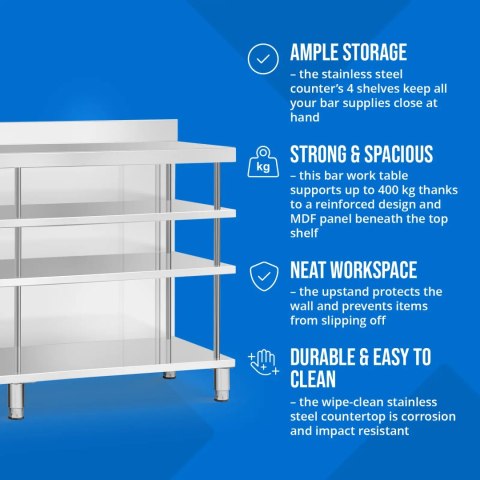 Stół blat barowy roboczy gastronomiczny z rantem 4 półki STAL 200 x 60 x 105 cm