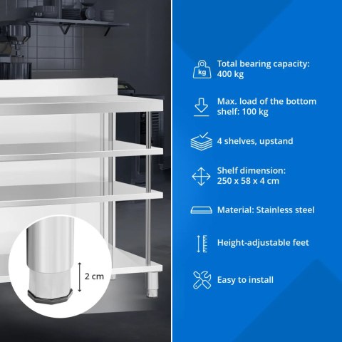 Stół blat barowy roboczy gastronomiczny z rantem 4 półki STAL 250 x 60 x 105 cm