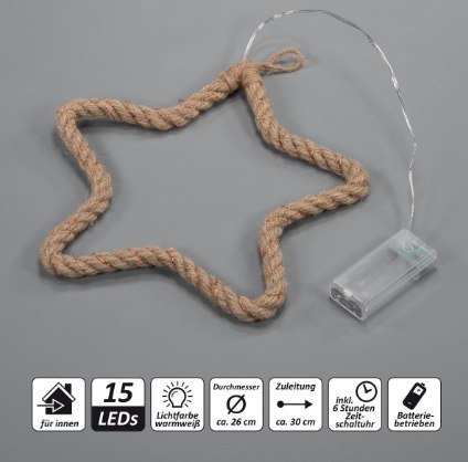 Świąteczna gwiazda LED z liny, ciepła biel, 26 cm, timer