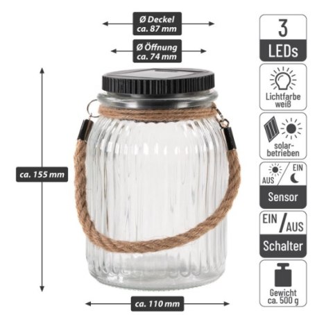 Szklana lampa solarna LED na balkon i taras, 15,5 cm