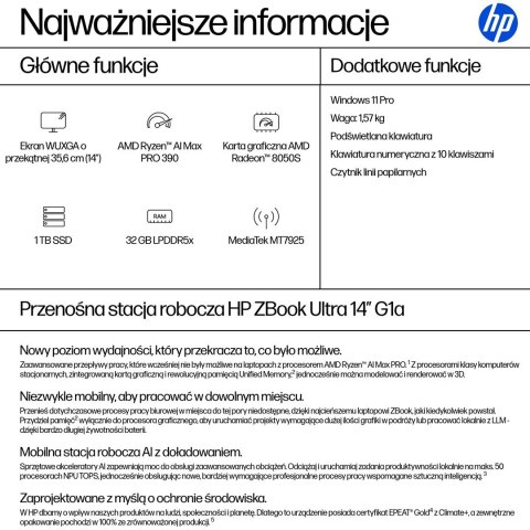 HP ZBook Ultra 14 G1a Ryzen AI MAX PRO 390 14.0"WUXGA IPS 400nits AG 64GB LPDDR5x 8533 SSD1TB Radeon 8050S 74.5Wh W11Pro 3Y OnSi