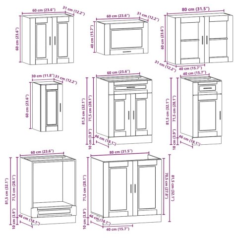 Zestaw szafek kuchennych, Kalmar, 8-częściowy, stare drewno