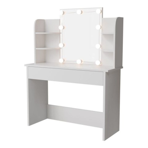 Toaletka kosmetyczna LED, biała, z szufladą i półkami