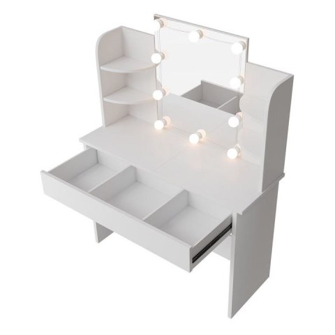 Toaletka kosmetyczna LED, biała, z szufladą i półkami