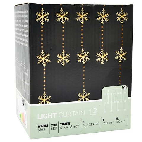LAMPKI CHOINKOWE KURTYNA ŚWIETLNA 120x120 CM 232LED CIEPŁY BIAŁY PŁATKI ŚNIEGU