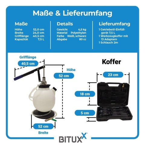Urządzenie do napełniania oleju przekładniowego 7,5L Bituxx + adaptery