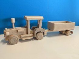 Drewniany traktor z przyczepą bukowy 42 cm dekoracja pojazd