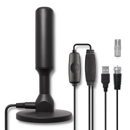 Antena telewizyjna Qoltec DVB-T2 ze wzmacniaczem sygnału i magnetyczną podstawą | wewnętrzna | 4K | 28dBi | 5m