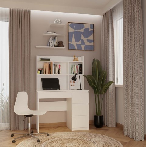 Biurko MIJAS Prawe z Nadstawką Biel Mat 4 Szuflady 4 Półki Do Biura Pokoju