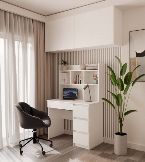 Biurko MIJAS Prawe z Nadstawką Biel Mat 4 Szuflady 4 Półki Do Biura Pokoju