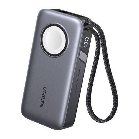 Powerbank 10000mAh Ugreen PB527, 30W, wbudowany kabel USB-C oraz ładowarka magnetyczna do Apple Watch (szary)