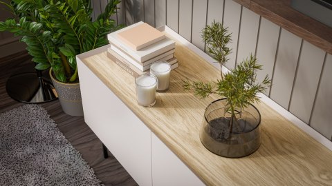 Szafka RTV FELLINI 200x40x52 kaszmir + blat dąb olejowany