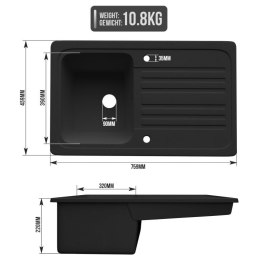 Czarny granitowy zlewozmywak z ociekaczem i baterią kuchenną