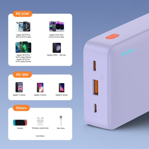 Powerbank 20000mAh Airpow Fast Charge 20W z kablem USB USB-C 50cm - fioletowy