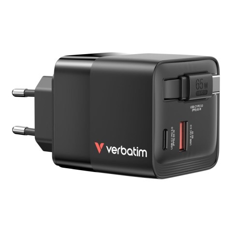 Ładowarka ścienna Verbatim GaN 65W 1xUSB-C PD 3.0 1xUSB-A QC 3.0 z kablem USB-C PD 65W EU/UK/US