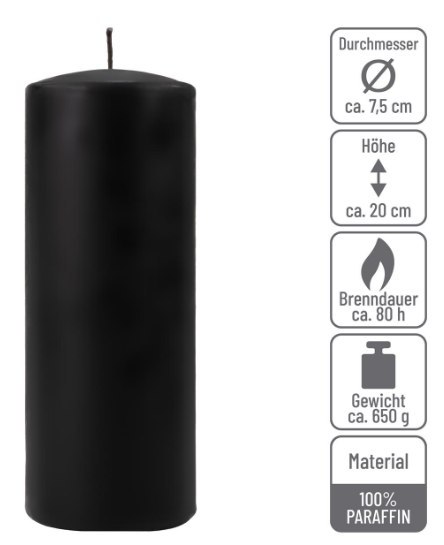 Świece parafinowe czarne 20 cm, 2 szt., bez zapachu, 80h