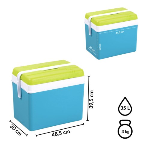 Lodówka turystyczna 35L KAMAI EDA na wkłady mrożące, turkusowa z białą rączką i zieloną pokrywą